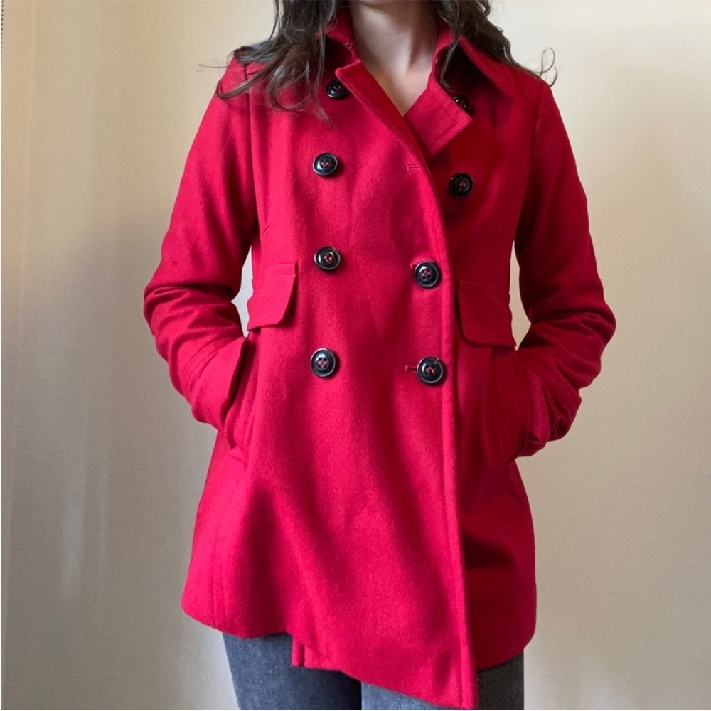 DKNY Red Wool Blend Double Breasted Pea Coat, Size 8